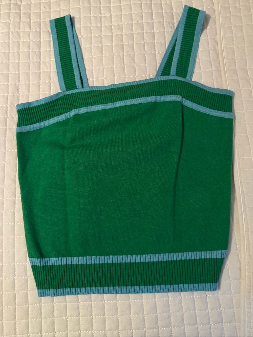 Green Knit Tank Top with Light Blue Trim